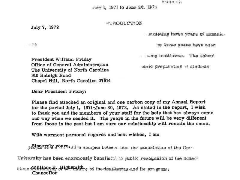 1971-1972 Highsmith Report To UNC President (partial)